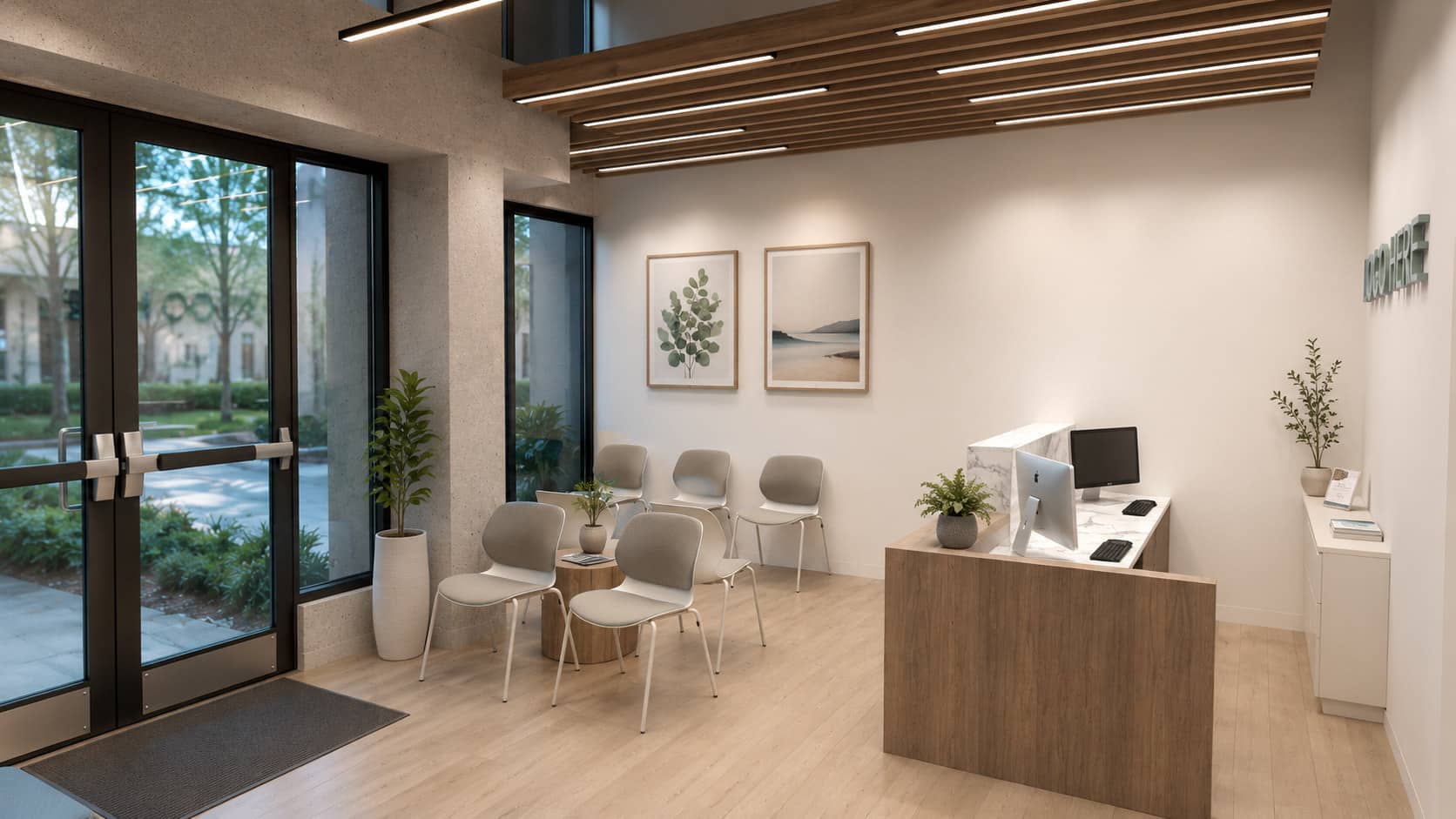 Rendering of the entrance: glazed doors onto the street, seating, and the reception counter.
